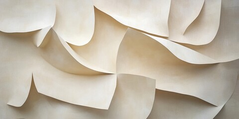Fototapete - Textured beige and white paper with gentle bends and folds creating an abstract layered composition showcasing soft curves and tones.