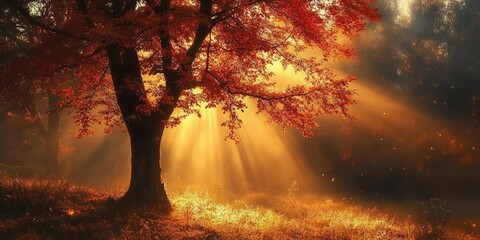 Leinwandbilder - Majestic autumn tree bathed in golden sunlight with vibrant red leaves and gentle rays illuminating a serene forest background
