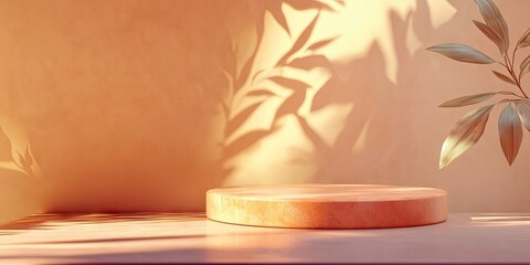 Fototapete - Warm-toned setting featuring a round wooden platform in soft light with delicate plant shadows on a textured wall, creating an inviting atmosphere.