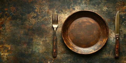 Aufkleber - Rustic wooden plate with knife and fork placed on a textured dark brown background, showcasing an inviting dining setting.