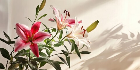 Wall Mural - Vibrant pink and white lily flowers with lush green leaves arranged gracefully on the right against a soft light background creating elegant shadows.