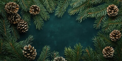 Poster - A festive Christmas backdrop showcasing rich green pine branches framing a dark teal background with elegant pine cones positioned around the edges