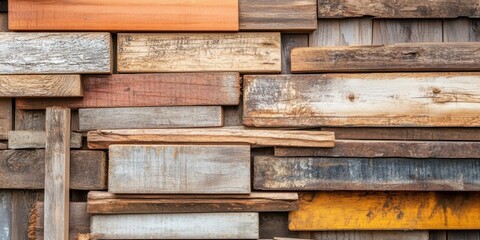 Wall Mural - Assorted wooden beams and boards stacked harmoniously in various natural hues of brown and gray, creating a rustic building material backdrop.