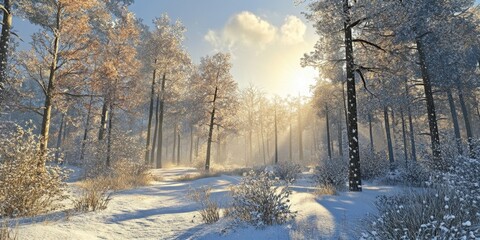 Aufkleber - Winter forest glade bathed in soft sunlight featuring snow-covered trees and glistening white ground with subtle warm hues in the background.
