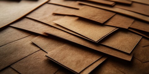 Aufkleber - Brown textured paper cards layered in a chaotic arrangement showcasing varying sizes and angles filled with warm earthy tones and shadows.