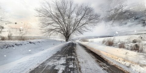 Aufkleber - Snowy road lined with snow-covered fields and a tall, barren tree centrally positioned, with falling snowflakes and a cloudy sky background.