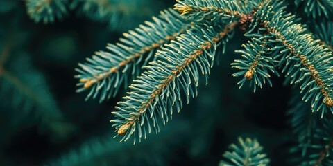 Poster - Close-up view of lush green evergreen pine needles against a dark blurred background highlighting the texture and color variations of the foliage.