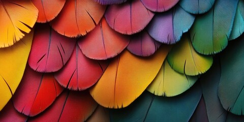 Leinwandbilder - Vibrant feather texture with hues of red, orange, yellow, green, and blue layered intricately creating a colorful and lively pattern