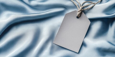 Poster - Blank grey label on light blue silky fabric close-up with designated space for text positioned on the left side against soft flowing texture