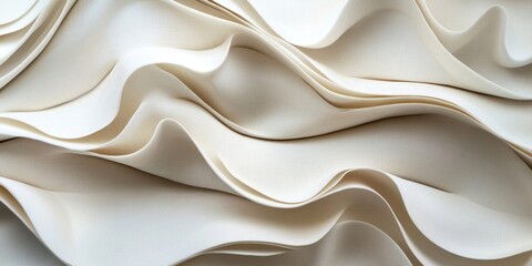 Poster - Elegant beige and white paper with intricate folds and waves showcased in a soft light, creating a flowing texture and depth in the composition.