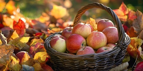 Leinwandbilder - Bountiful basket of fresh red and green apples nestled on vibrant autumn leaves with warm sunlight filtering through a tranquil outdoor scene