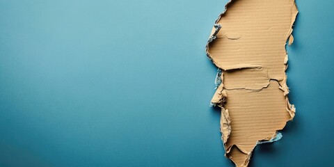 Fototapete - Torn cardboard fragment placed prominently against a vibrant blue background emphasizing texture and color contrast for creative projects