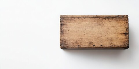 Wall Mural - Aerial view of an antique wooden box on a pristine white background with ample copy space showcasing natural wood tones and texture prominently