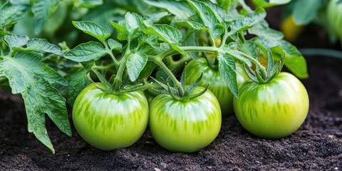 Poster - Green tomatoes growing on lush foliage, positioned on rich dark soil with vibrant leaves in the background, conveying freshness and garden vitality.