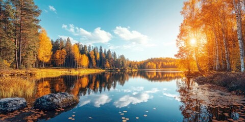 Fototapete - Autumn landscape with vibrant orange and yellow trees reflecting in a calm lake under a blue sky with fluffy white clouds and bright sunlight.