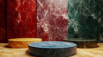 Canvas Print - Colorful marble podiums and background for product display, presentation, modern design, advertising