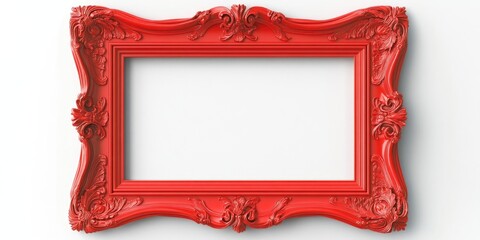 Poster - Red vintage ornate picture frame with intricate carvings centered on a plain white background highlighting its vivid color and decorative details.