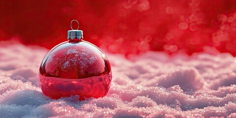 Poster - Red Christmas ornament resting on a fluffy snow surface with a vibrant red background creating a festive, warm ambiance ideal for seasonal promotions