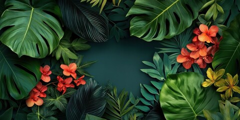 Leinwandbilder - Tropical flat lay mockup with vibrant red and orange flowers surrounded by lush green jungle leaves on a dark background for elegant designs