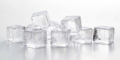 Poster - Fresh ice cubes scattered randomly on a bright white background with a high-gloss surface reflecting light creating a clean and refreshing look.