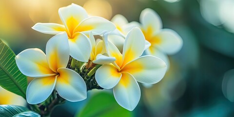 Leinwandbilder - Vibrant close-up of white and yellow plumeria flowers with delicate petals and lush green leaves softly illuminated by warm sunlight in a natural setting