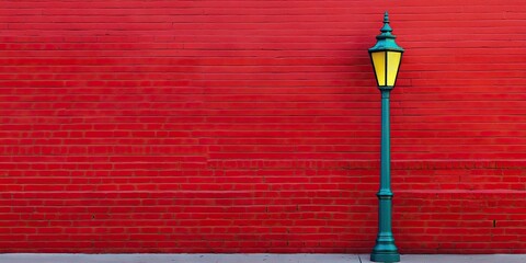 Poster - Vibrant green lamppost with yellow light against a rich red brick wall highlighting a striking color contrast in a minimalistic urban setting