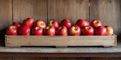 Poster - Vibrant red apples neatly arranged in a rustic wooden box on a warm wooden shelf creating an inviting and charming display against a textured backdrop
