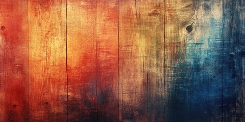 Leinwandbilder - Colorful abstract wooden board texture with vibrant red, orange, and blue hues blending artistically across the grain, evoking depth and warmth.