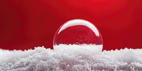 Poster - Transparent Christmas ornament ball resting on soft white snow against a vibrant red background ideal for text overlay and holiday themes.