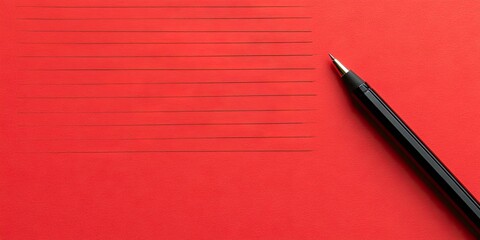 Poster - Red sheet of paper on a solid background with horizontal lines and a black pen positioned to the right creating ample text space for notes