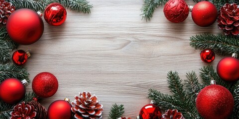 Poster - Christmas decoration frame featuring red ornaments and pine cones arranged on a wooden surface with green pine branches surrounding the edges.