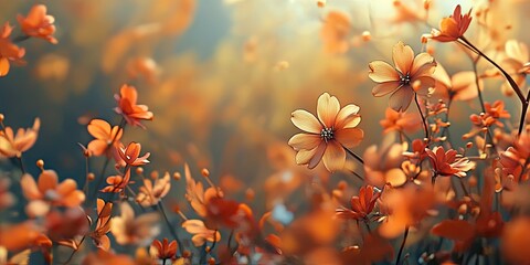 Poster - Vibrant orange flowers in soft sunlight create a dreamy floral landscape filled with delicate petals and gentle bokeh effects in the background.