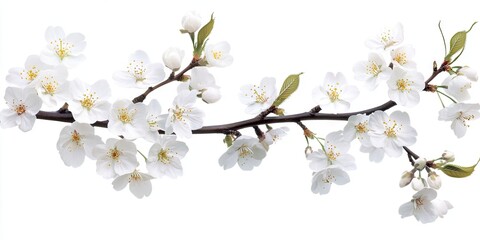 Leinwandbilder - Delicate white cherry blossom branches with subtle green leaves on a clean white background, ideal for floral themes and nature designs.