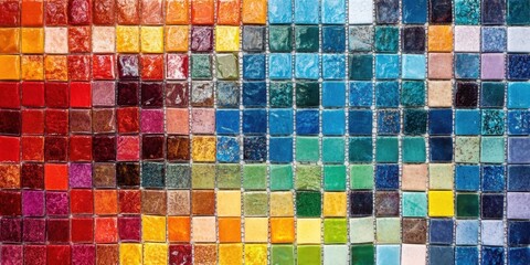 Fototapete - Vibrant mosaic tile array featuring vivid squares of red, orange, blue, green, and yellow arranged in a beautiful pattern for decorative enhancement.