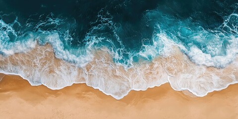 Aufkleber - Aerial view of turquoise ocean waves crashing onto a sandy beach showcasing vibrant blues and golden hues creating a serene coastal scene