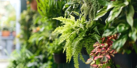 Wall Mural - Lush green ferns and vibrant foliage arranged in a vertical garden display with blurred background showcasing a serene plant-filled environment