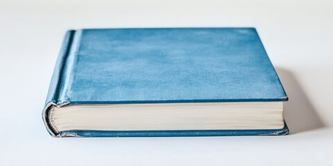 Poster - Blue hardcover book lying flat on a white surface with ample negative space highlighting its textured cover and pages on the right side.
