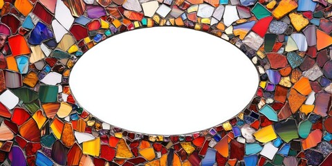 Poster - Colorful mosaic frame with vibrant red, orange, blue, and yellow tiles encircling an empty white oval center for customization in various designs.
