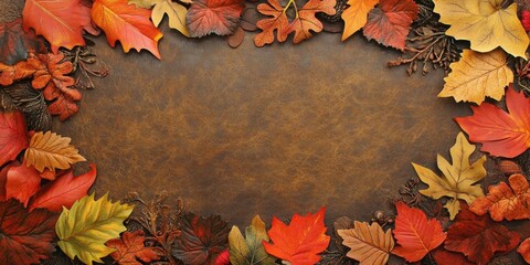 Poster - Autumn leaves in vibrant oranges and reds frame a textured brown felt background, creating an artistic seasonal design perfect for fall themes