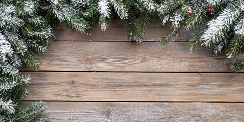 Poster - Winter Christmas decoration with frosted pine branches and red berries framing a rustic wooden background in earthy brown tones.