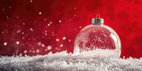 Poster - Transparent Christmas ornament on a snowy surface with a vibrant red background, creating a festive ambiance perfect for seasonal text.
