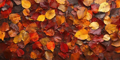 Wall Mural - Vibrant autumn leaves in shades of red, orange, and yellow layered on a dark background creating a rich textured pattern.