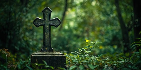 Fototapete - Moss-covered stone cross in a lush green forest setting with soft dappled light highlighting details of the gravestone amidst foliage.