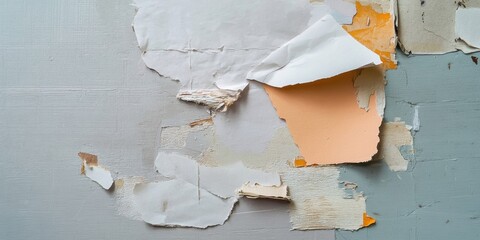 Leinwandbilder - Torn scraps of paper with adhesive tape on a gray surface showcasing textural layers and colors in an artistic arrangement for creative backgrounds