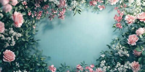Aufkleber - Floral frame with soft pink roses and delicate white blossoms on a light blue background creating a serene and inviting atmosphere
