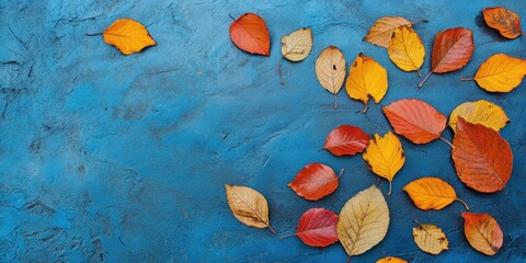 Leinwandbilder - Vibrant autumn leaves in shades of orange, yellow, and red scattered on a textured blue background from a top-down perspective creating visual contrast