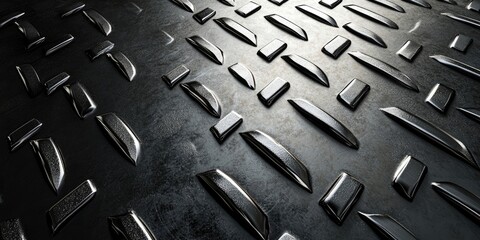 Poster - Metallic textured background featuring diamond plate pattern with shiny silver and dark gray tones, creating a dynamic industrial aesthetic.