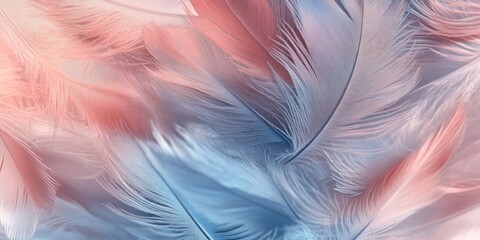 Poster - Soft pastel feathers in shades of pink and blue gracefully layered, creating a serene and ethereal background texture for design projects.