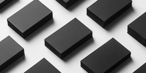 Poster - Neatly arranged horizontal black business cards stacked in rows on a textured white backdrop showcasing minimalist design and organization