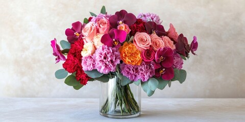 Aufkleber - Vibrant bouquet of pink roses, purple orchids, red and orange carnations in a glass vase against a soft beige background.